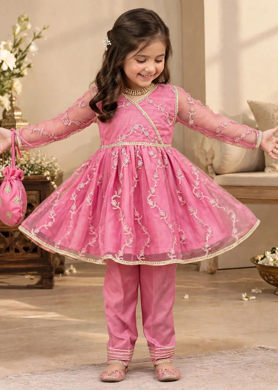Modest Girls Pret Embroidered Net 3 Piece Suit Tea Pink - Wedding Collection