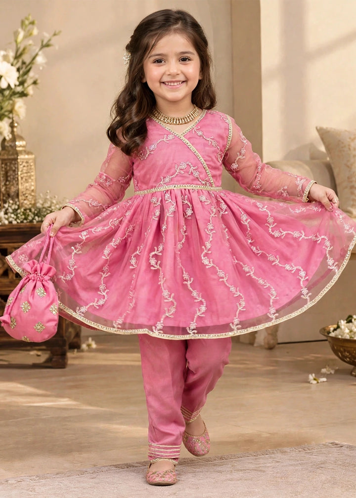 Modest Girls Pret Embroidered Net 3 Piece Suit Tea Pink - Wedding Collection