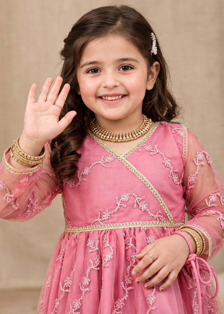 Modest Girls Pret Embroidered Net 3 Piece Suit Tea Pink - Wedding Collection