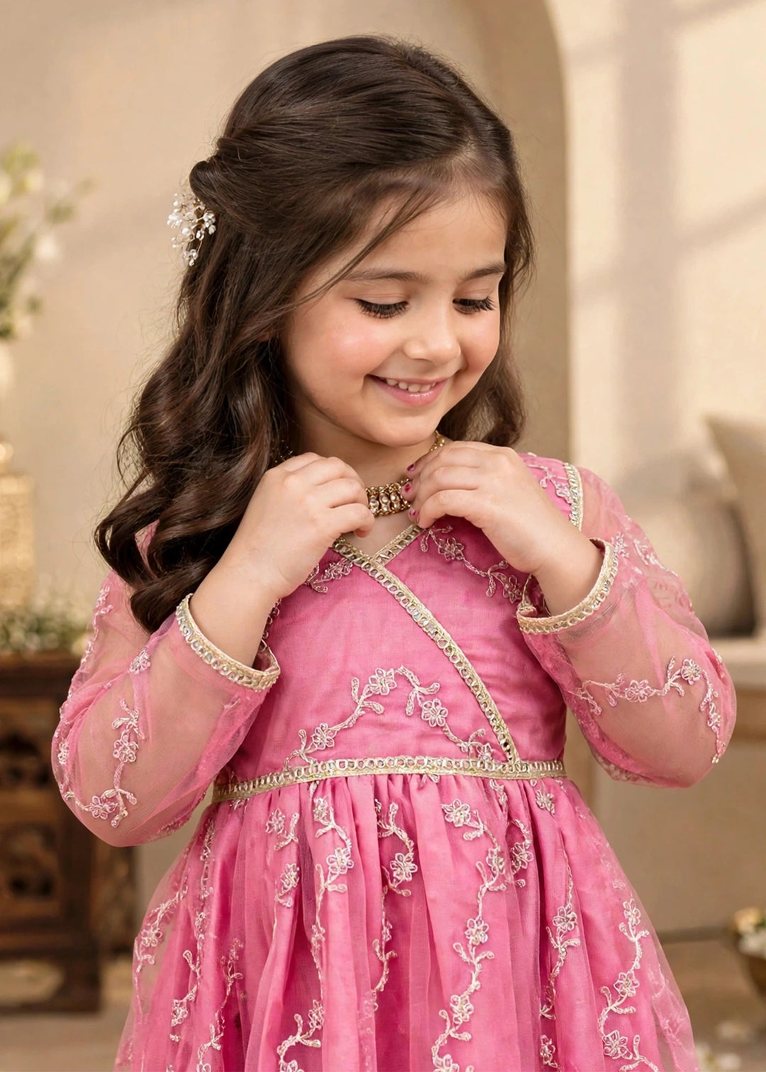 Modest Girls Pret Embroidered Net 3 Piece Suit Tea Pink - Wedding Collection