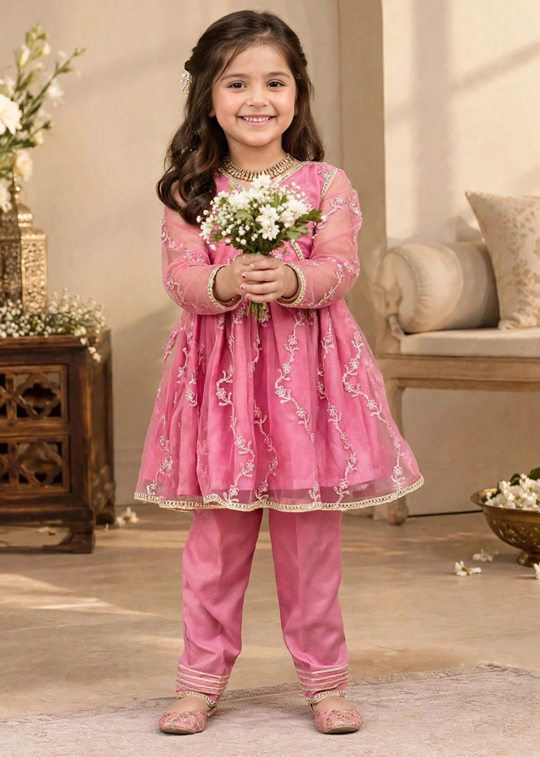 Modest Girls Pret Embroidered Net 3 Piece Suit Tea Pink - Wedding Collection