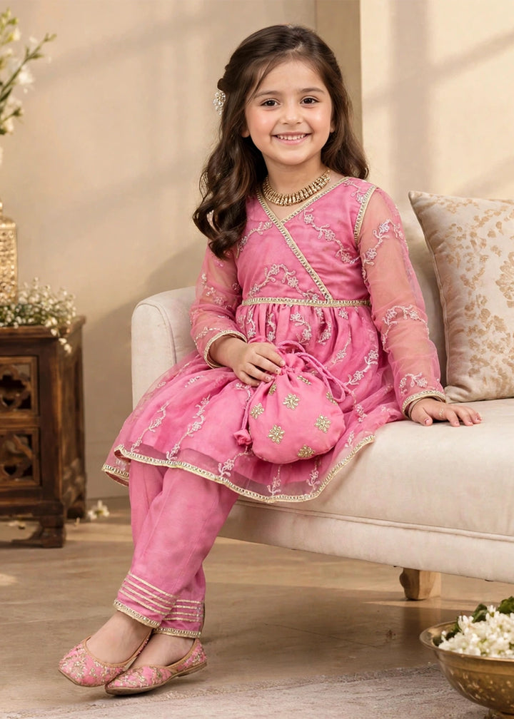 Modest Girls Pret Embroidered Net 3 Piece Suit Tea Pink - Wedding Collection