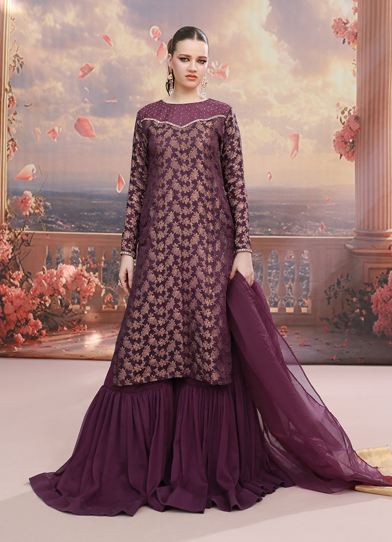 Golden Hour by Ripret RTW Embroidered Jamawar 3 Piece Suit Plum Frost RP-2601-F10 - Festive Collection