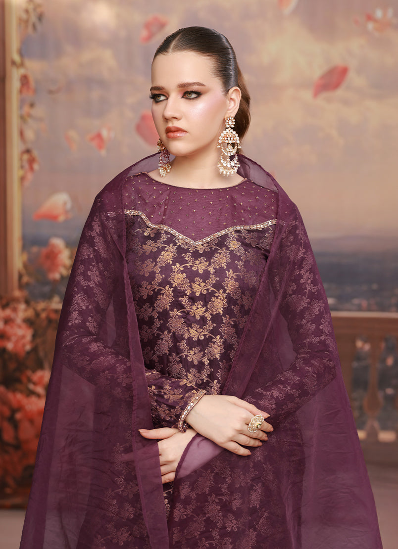 Golden Hour by Ripret RTW Embroidered Jamawar 3 Piece Suit Plum Frost RP-2601-F10 - Festive Collection