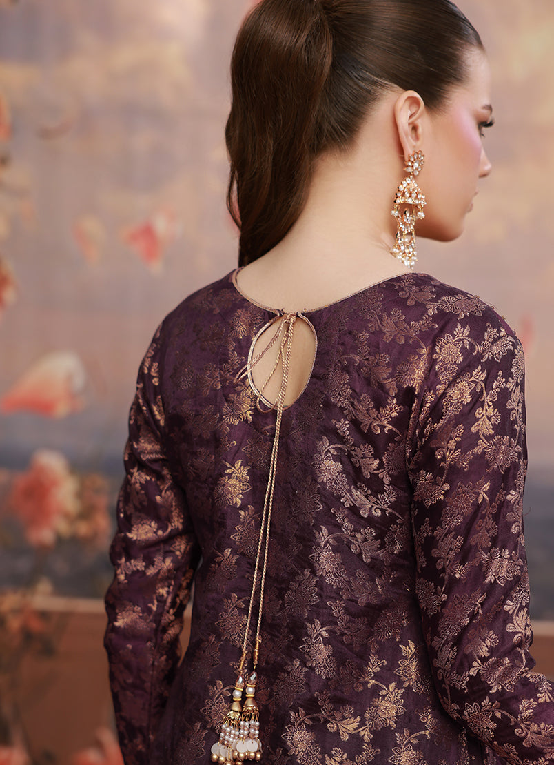 Golden Hour by Ripret RTW Embroidered Jamawar 3 Piece Suit Plum Frost RP-2601-F10 - Festive Collection