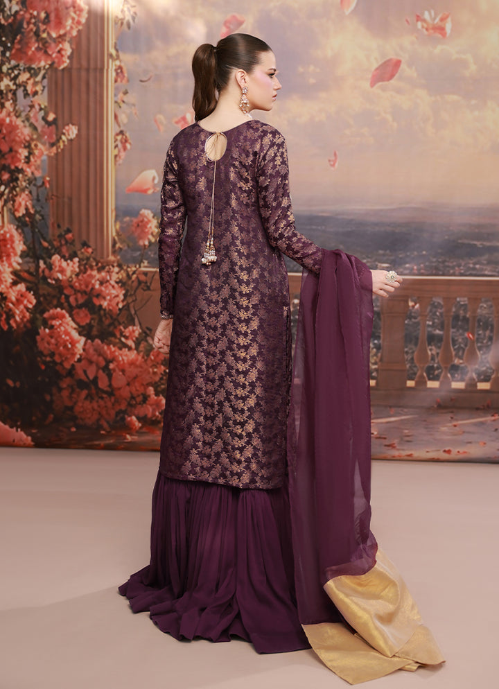 Golden Hour by Ripret RTW Embroidered Jamawar 3 Piece Suit Plum Frost RP-2601-F10 - Festive Collection