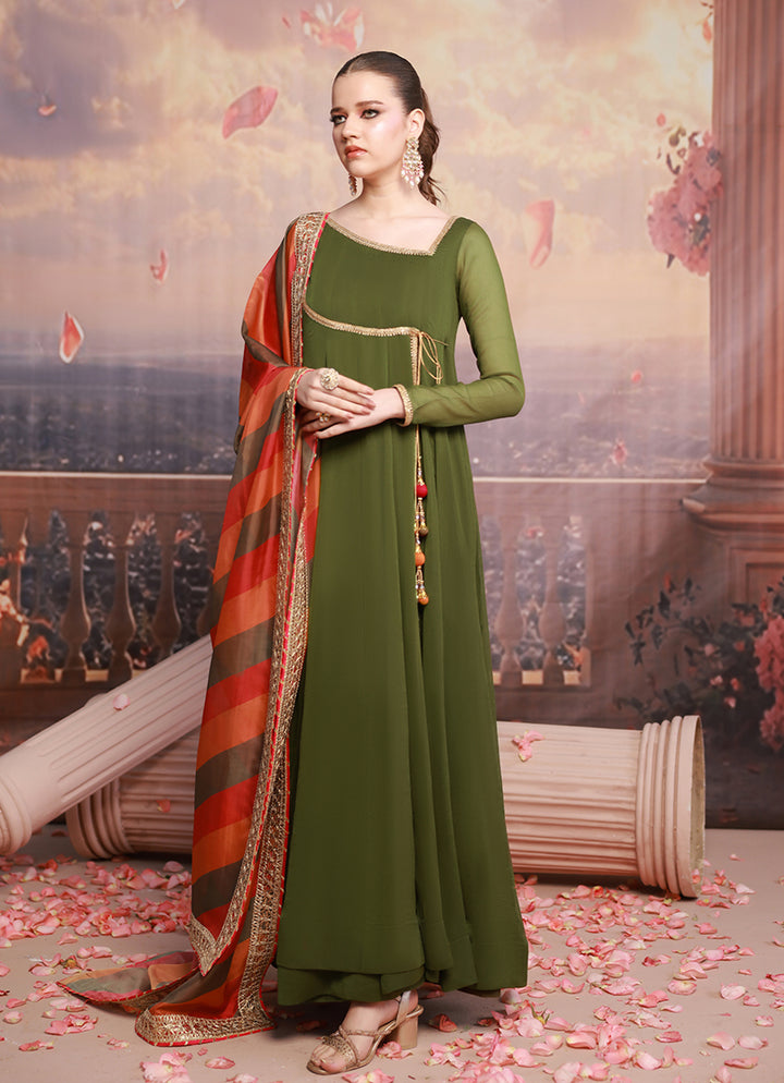 Golden Hour by Ripret RTW Embroidered Chiffon 2 Piece Suit Olive Muse RP-2601-F08 - Festive Collection