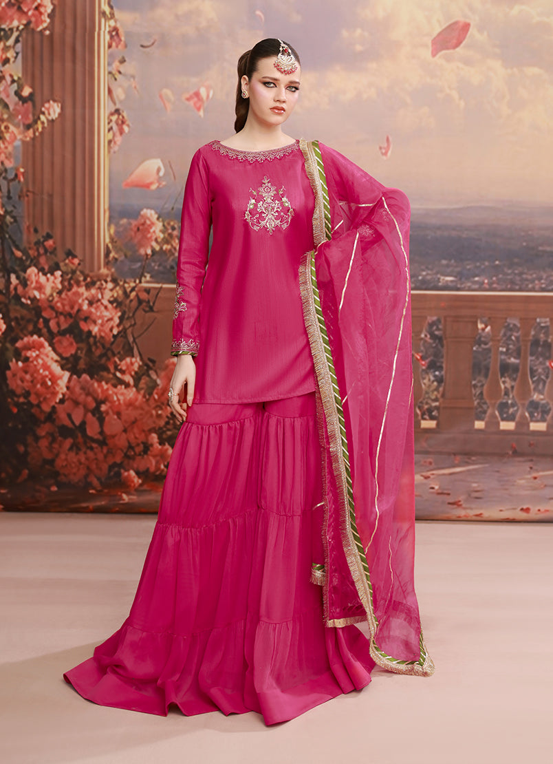 Golden Hour by Ripret RTW Embroidered Raw Silk 3 Piece Suit Fuschia Bloom RP-2601-F04 - Festive Collection