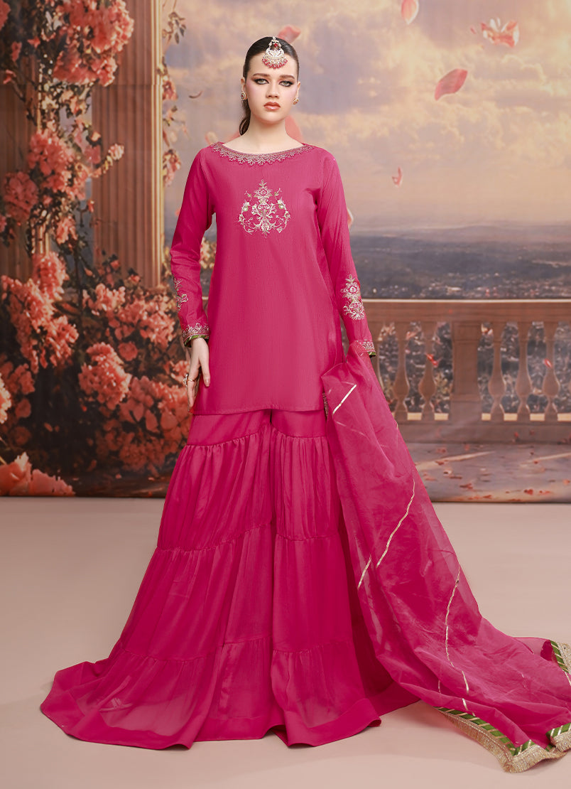 Golden Hour by Ripret RTW Embroidered Raw Silk 3 Piece Suit Fuschia Bloom RP-2601-F04 - Festive Collection