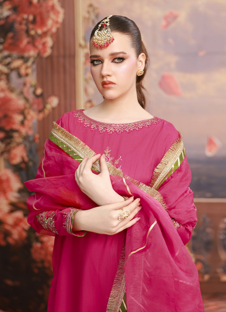 Golden Hour by Ripret RTW Embroidered Raw Silk 3 Piece Suit Fuschia Bloom RP-2601-F04 - Festive Collection