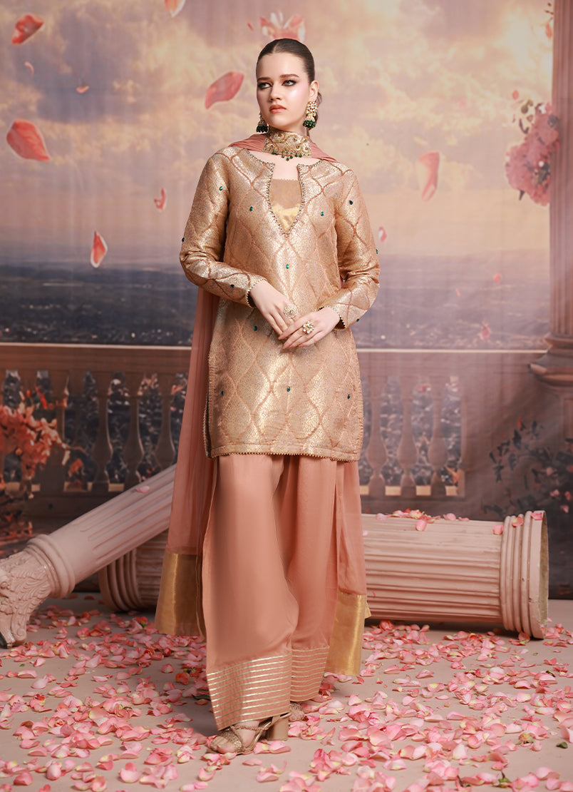 Golden Hour by Ripret RTW Embroidered Cotton Silk 3 Piece Suit Blush Rose RP-2601-F07 - Festive Collection