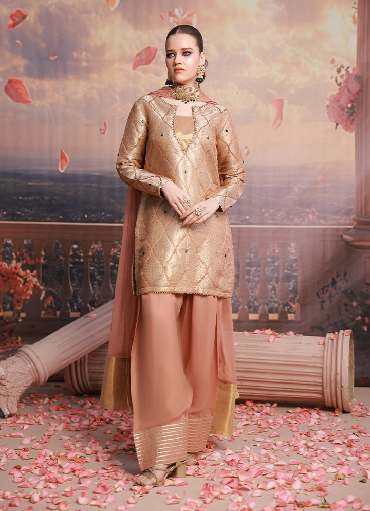 Golden Hour by Ripret RTW Embroidered Cotton Silk 3 Piece Suit Blush Rose RP-2601-F07 - Festive Collection