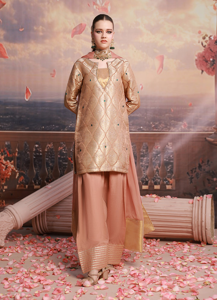 Golden Hour by Ripret RTW Embroidered Cotton Silk 3 Piece Suit Blush Rose RP-2601-F07 - Festive Collection
