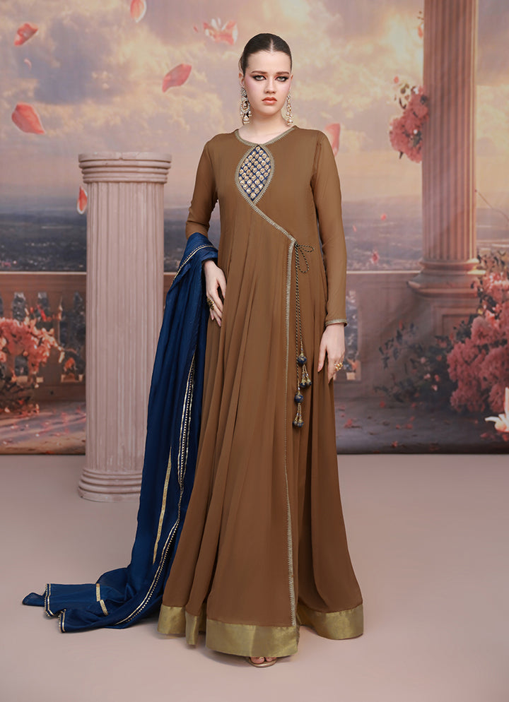 Golden Hour by Ripret RTW Embroidered Chiffon 2 Piece Suit Brown Aura RP-2601-F06 - Festive Collection
