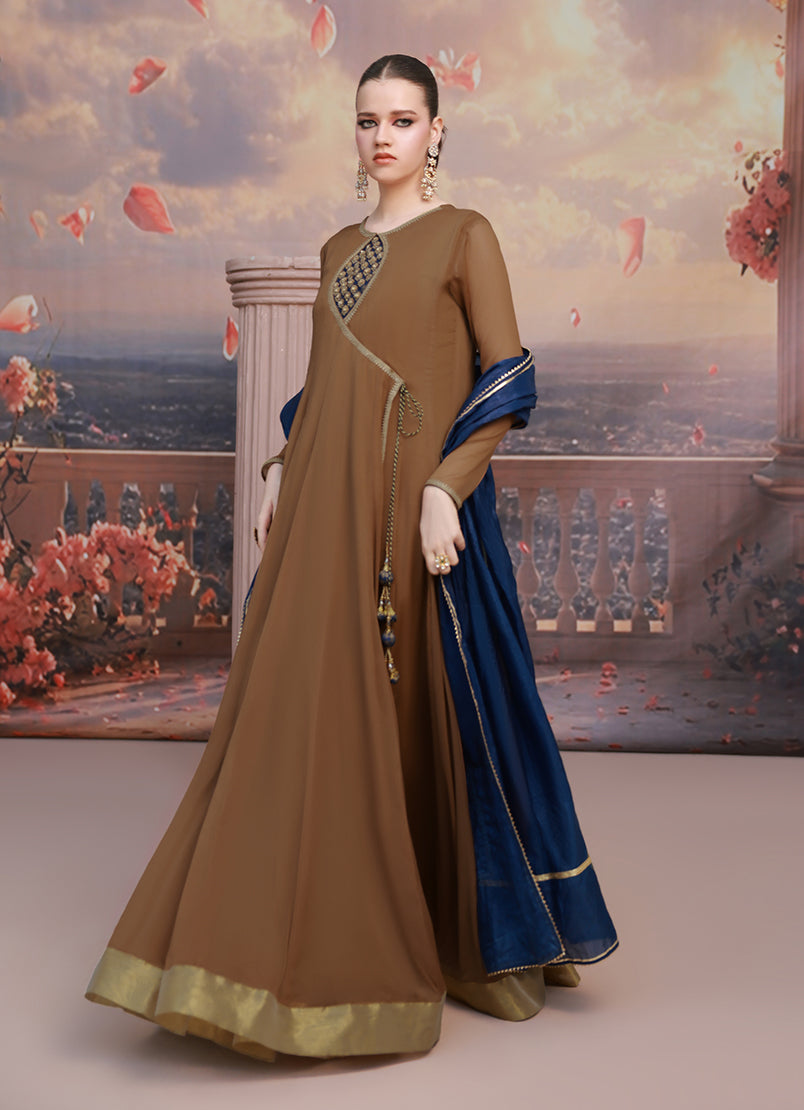 Golden Hour by Ripret RTW Embroidered Chiffon 2 Piece Suit Brown Aura RP-2601-F06 - Festive Collection