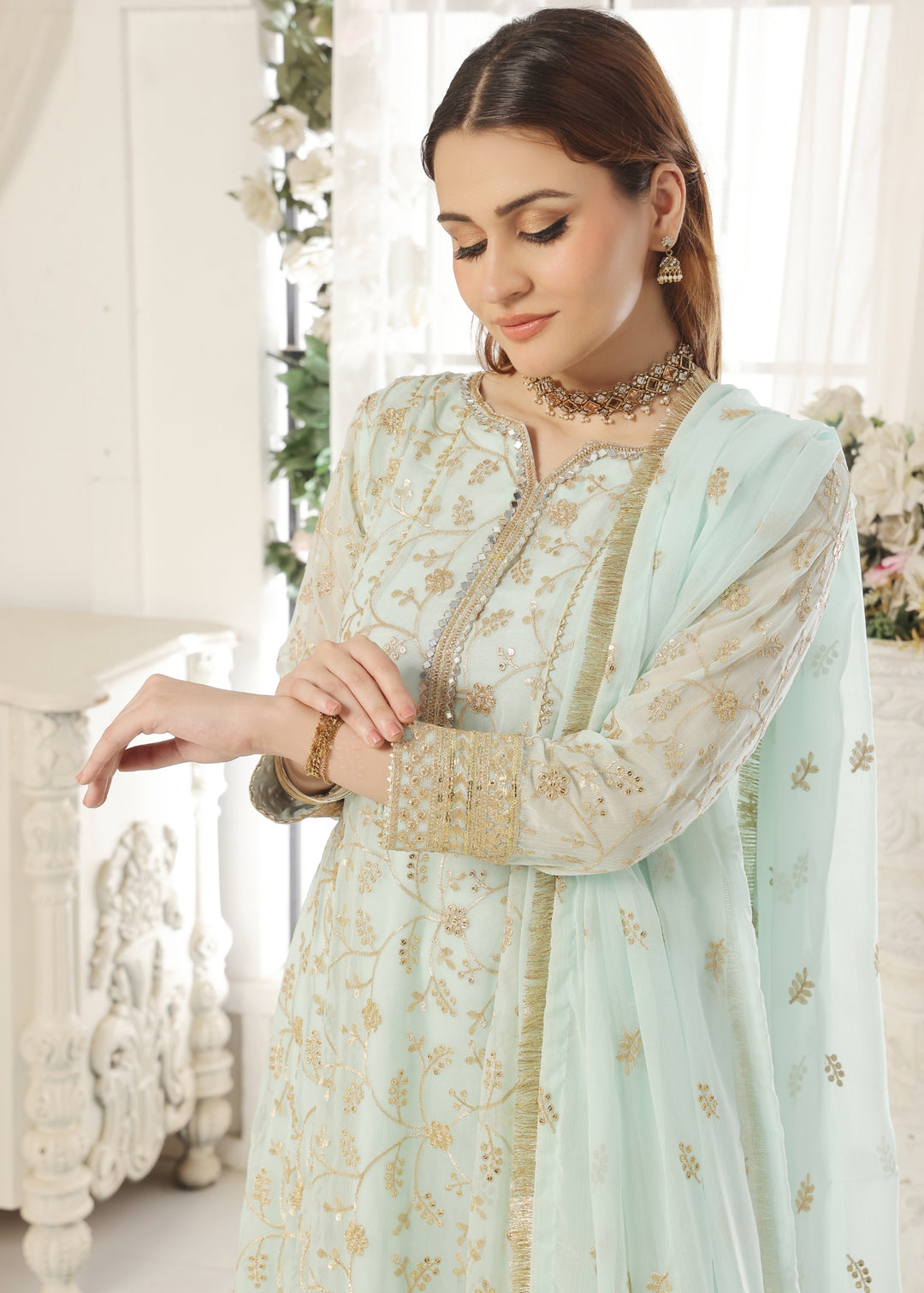 Zardozi Dreams by Abaan Zohan RTW Embroidered chiffon 3 Piece Suit Zar-e-Firdaus Mint Green - Festive Collection