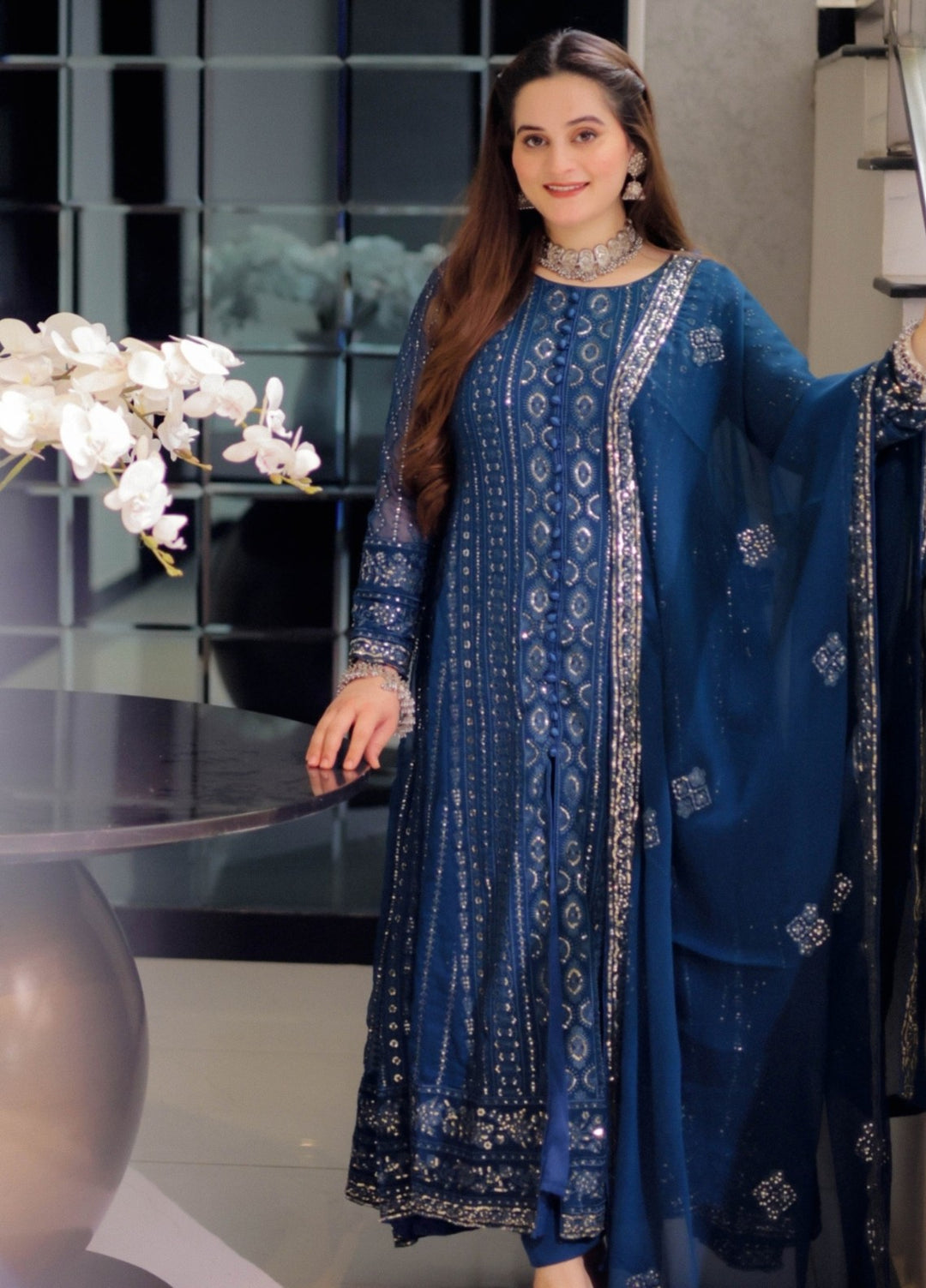 Rang e Haseen by Abaan Zohan RTW Embroidered chiffon 3 Piece Suit Zeno Peacock - Festive Collection