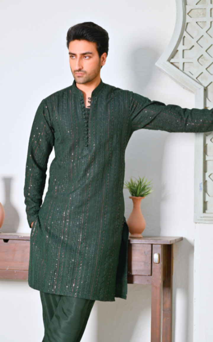 HK Fashion Mens RTW Embroidered 2 Piece Suit Emerald Green Kurta Trouser - Wedding Collection