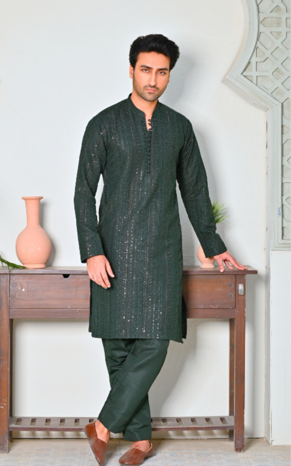 HK Fashion Mens RTW Embroidered 2 Piece Suit Emerald Green Kurta Trouser - Wedding Collection
