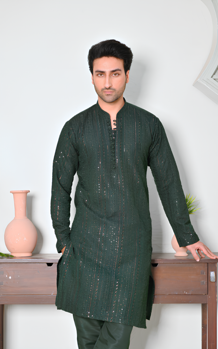 HK Fashion Mens RTW Embroidered 2 Piece Suit Emerald Green Kurta Trouser - Wedding Collection