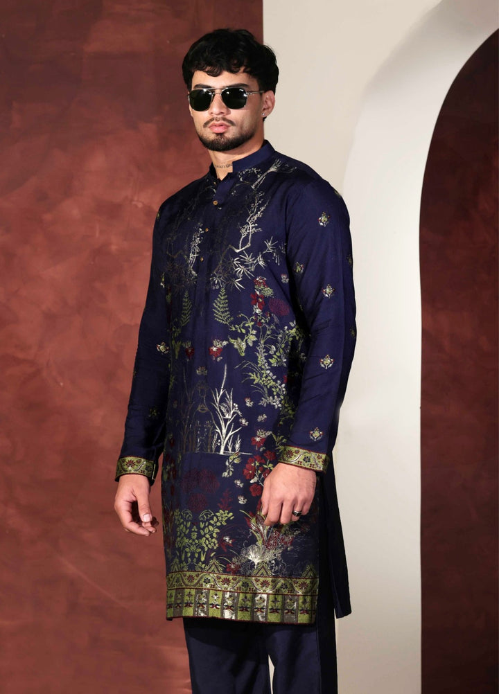 Rangari by Edge Republic Men RTW Embroidered Blended Cotton 2 Pcs Navy Blue CK 764 - Festive Collection