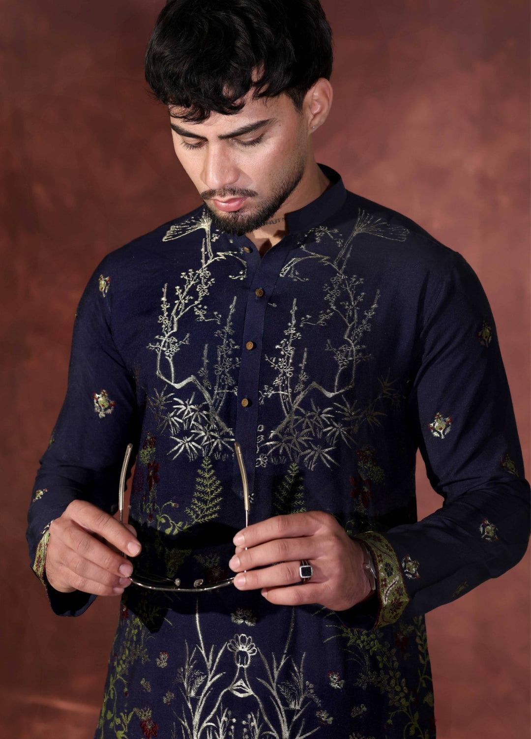 Rangari by Edge Republic Men RTW Embroidered Blended Cotton 2 Pcs Navy Blue CK 764 - Festive Collection