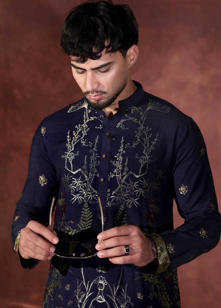 Rangari by Edge Republic Men RTW Embroidered Blended Cotton 2 Pcs Navy Blue CK 764 - Festive Collection