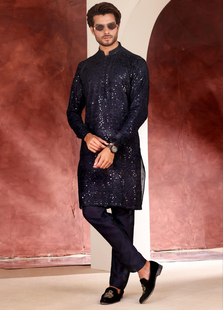 Rangari by Edge Republic Men RTW Embroidered Blended Cotton 2 Pcs Dark Blue CK 773 - Festive Collection