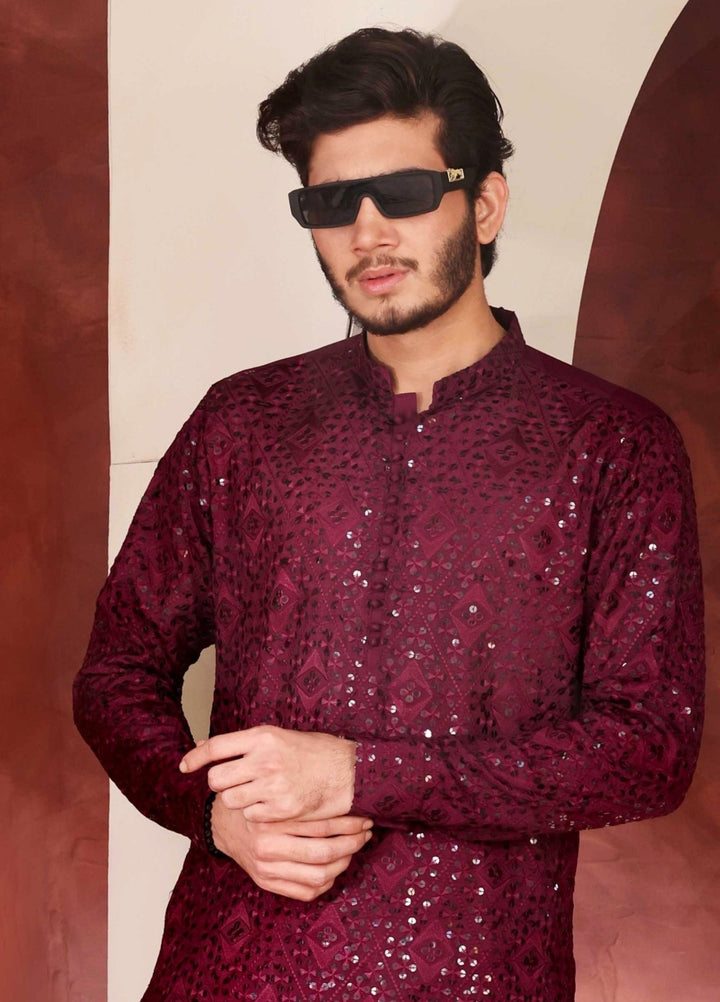 Rangari by Edge Republic Men RTW Embroidered Blended Cotton 2 Pcs Dark Maroon CK 772 - Festive Collection