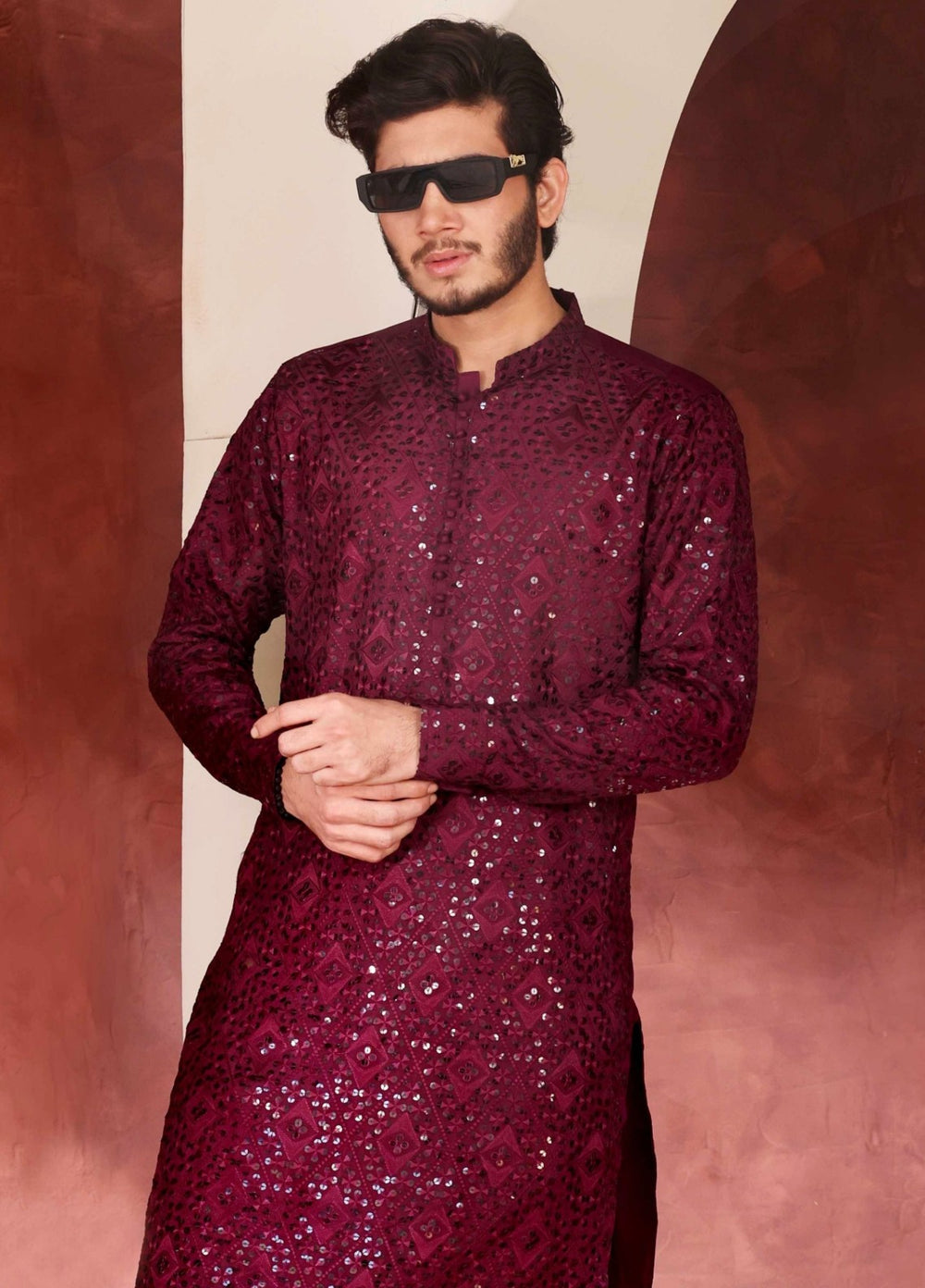 Rangari by Edge Republic Men RTW Embroidered Blended Cotton 2 Pcs Dark Maroon CK 772 - Festive Collection