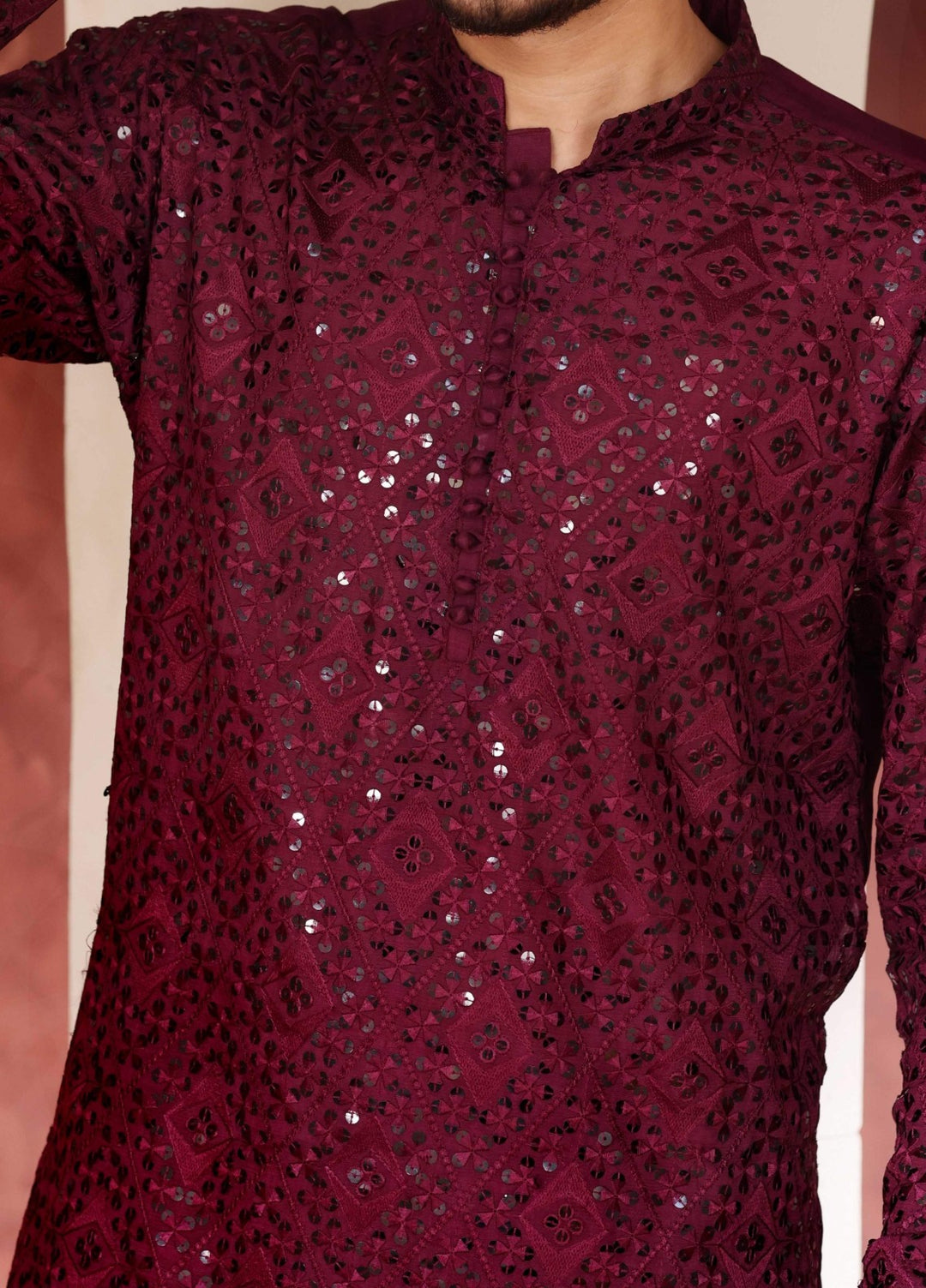 Rangari by Edge Republic Men RTW Embroidered Blended Cotton 2 Pcs Dark Maroon CK 772 - Festive Collection