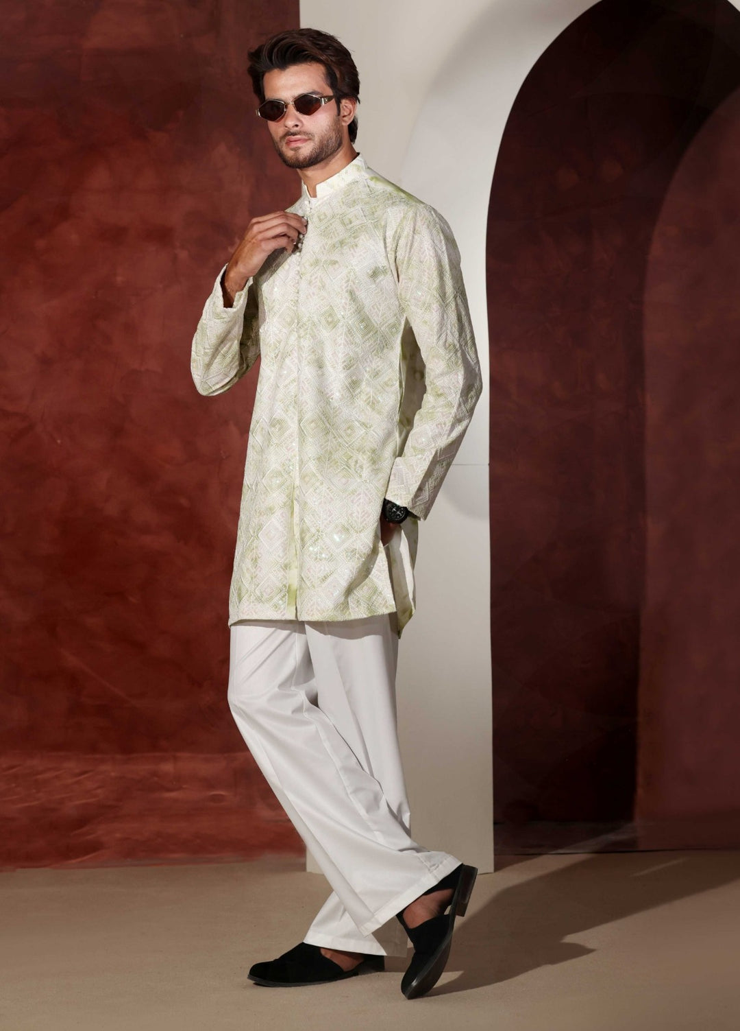 Rangari by Edge Republic Men RTW Embroidered Blended Cotton 2 Pcs Green CK 769 - Festive Collection