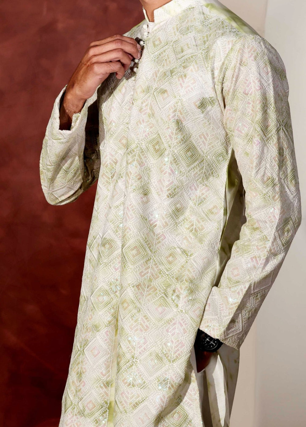 Rangari by Edge Republic Men RTW Embroidered Blended Cotton 2 Pcs Green CK 769 - Festive Collection