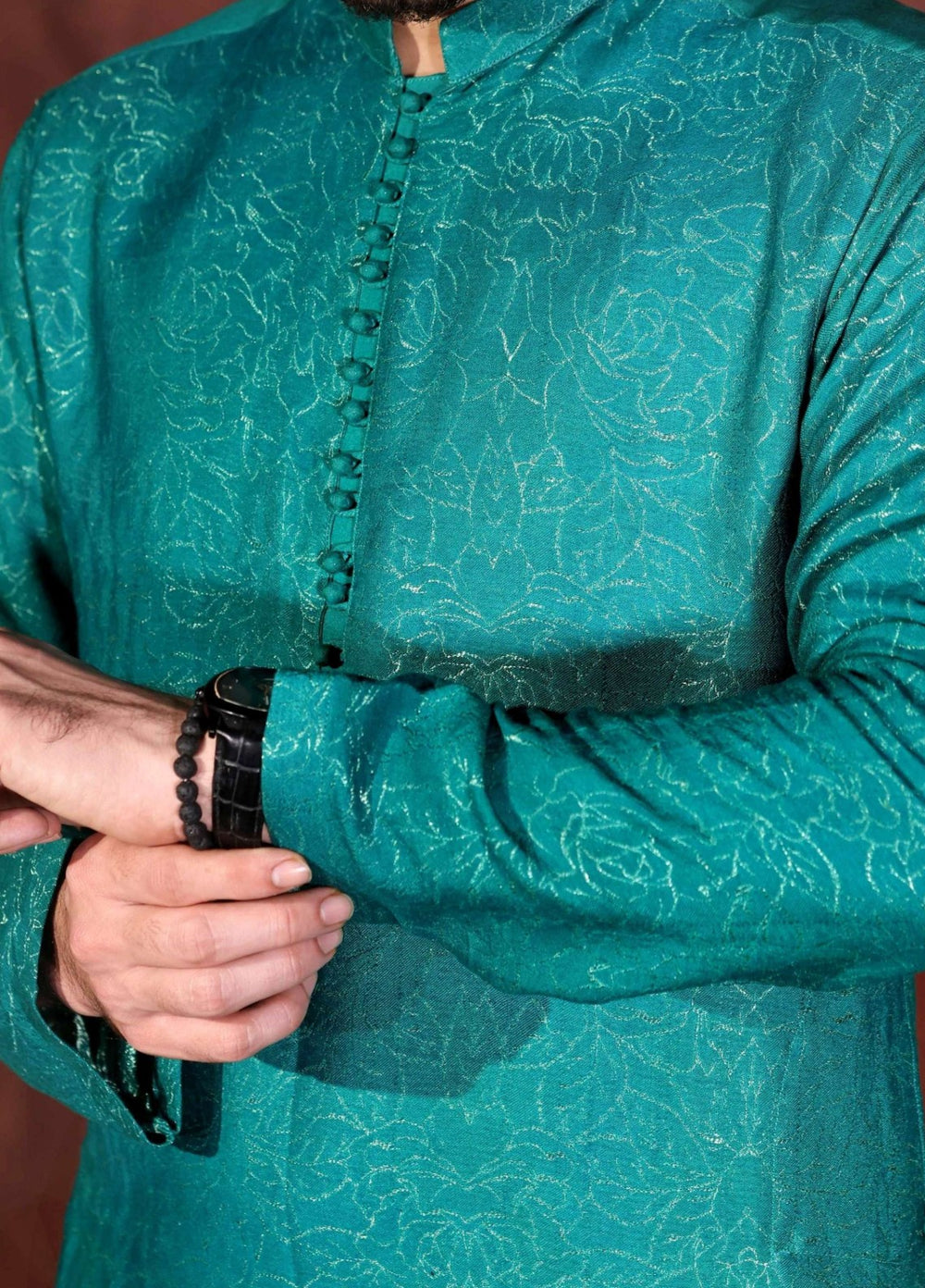 Rangari by Edge Republic Men RTW Embroidered Blended Cotton 2 Pcs Teal Green self CK 768 - Festive Collection