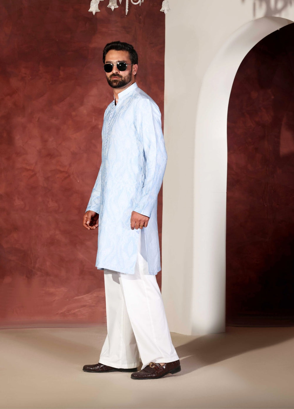 Rangari by Edge Republic Men RTW Embroidered Blended Cotton 2 Pcs Sky Blue CK 767 - Festive Collection