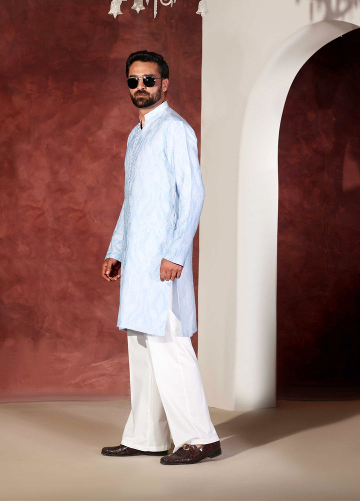 Rangari by Edge Republic Men RTW Embroidered Blended Cotton 2 Pcs Sky Blue CK 767 - Festive Collection