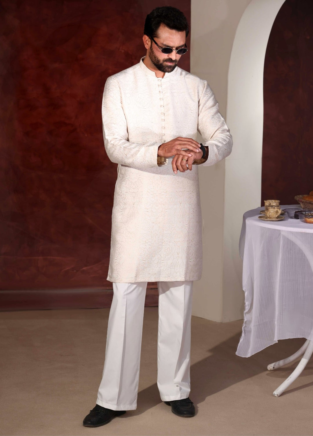 Rangari by Edge Republic Men RTW Embroidered Blended Cotton 2 Pcs Off White CK 762  - Festive Collection