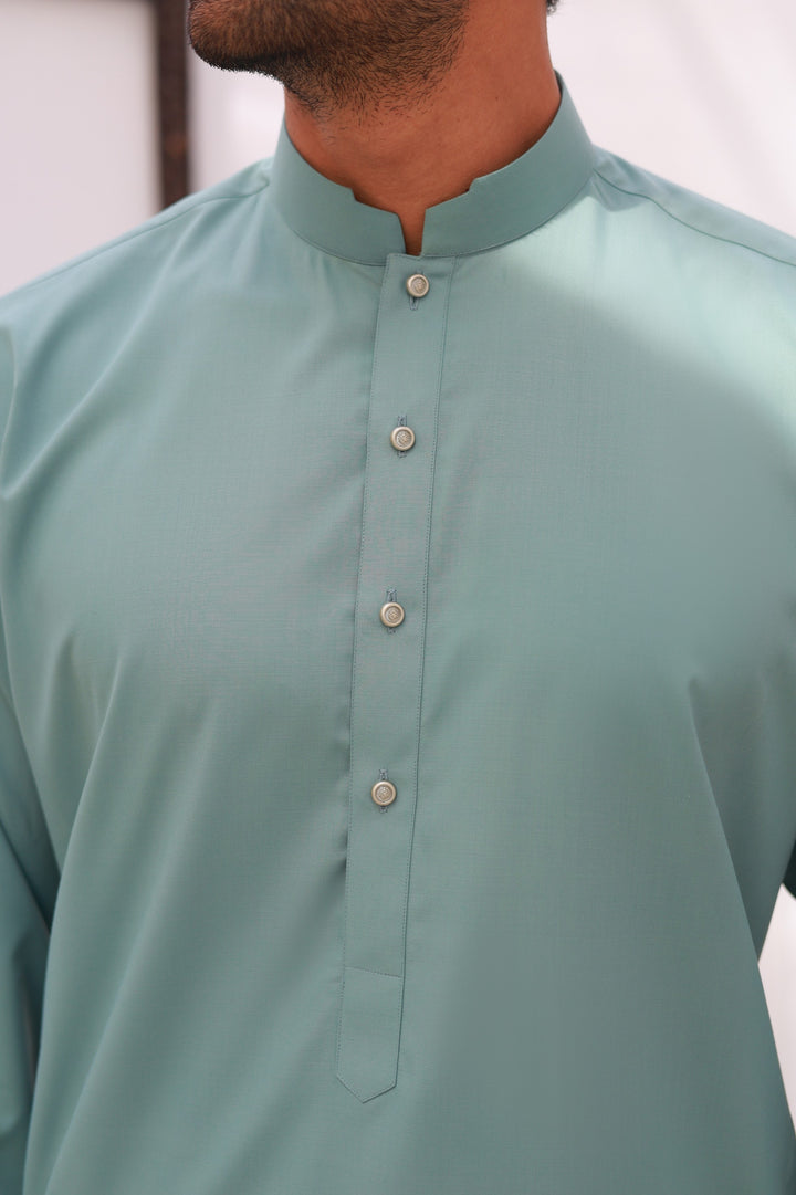 Khuzaim by Nomi Nisar Men RTW Wash N Wear Sea Green Kameez Shalwar - Summer Collection