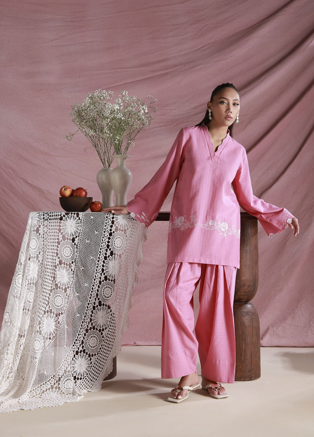 Sahar Women Embroidered Dobby 2 Piece Suit Pink Petal - Casual Collection