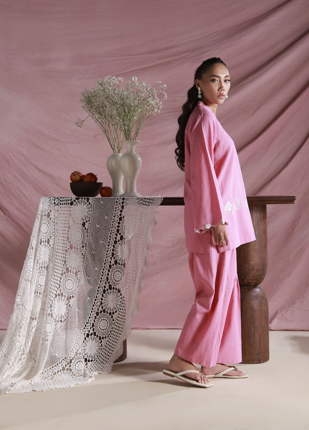 Sahar Women Embroidered Dobby 2 Piece Suit Pink Petal - Casual Collection