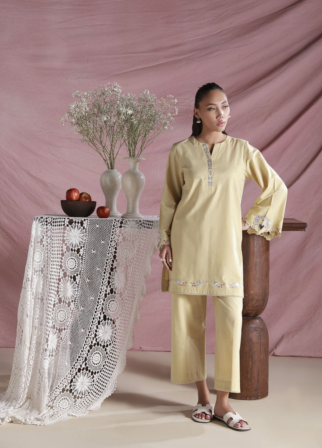 Sahar Women Embroidered Dobby 2 Piece Suit Lemon Cream - Casual Collection