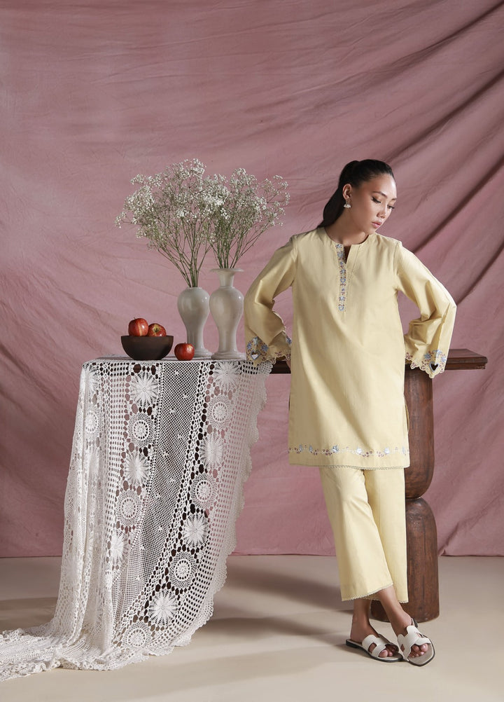 Sahar Women Embroidered Dobby 2 Piece Suit Lemon Cream - Casual Collection