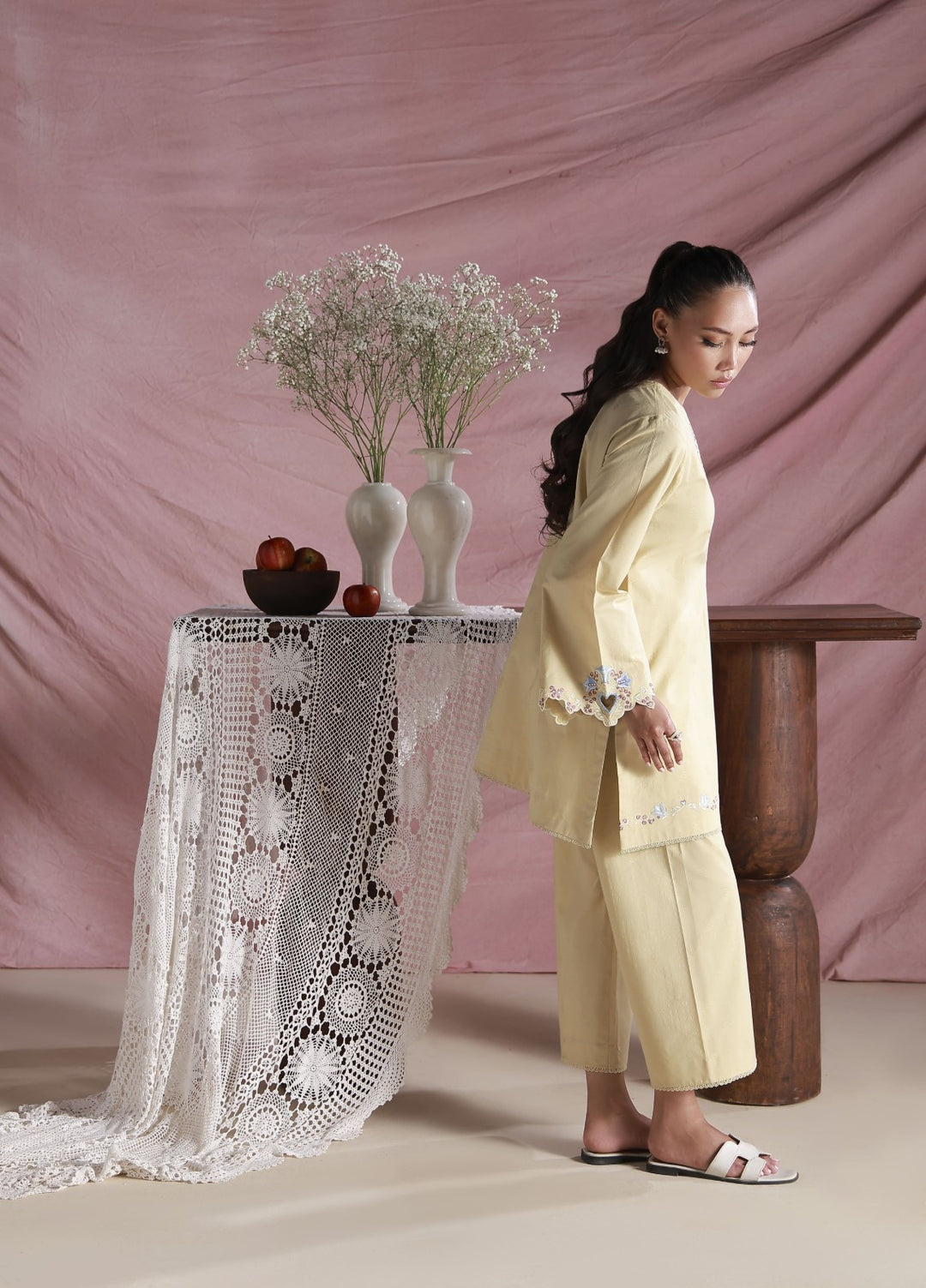 Sahar Women Embroidered Dobby 2 Piece Suit Lemon Cream - Casual Collection