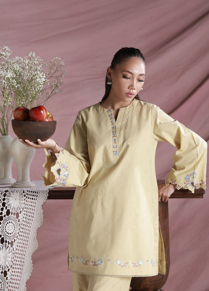 Sahar Women Embroidered Dobby 2 Piece Suit Lemon Cream - Casual Collection