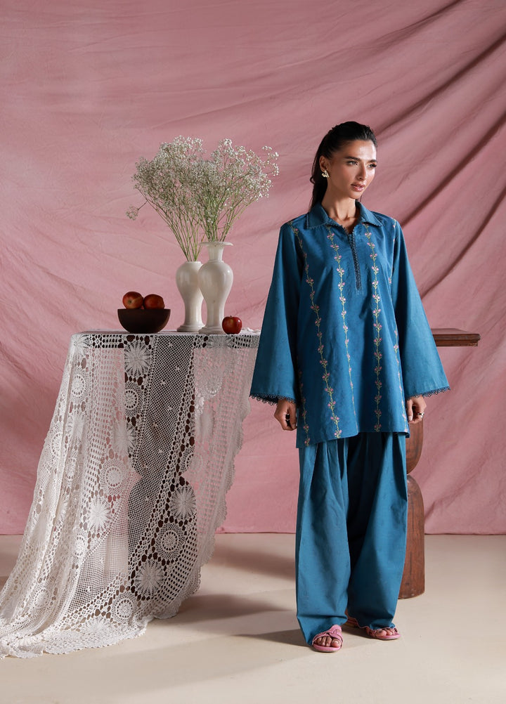 Sahar Women Embroidered Dobby 2 Piece Suit Washed Sky - Casual Collection