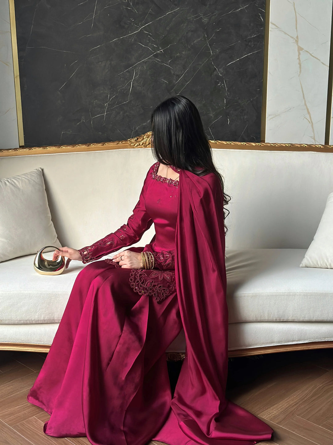 Scherezade Women RTW Embroidered Sheesha Silk 3 Piece Suit BERRY - Festive Collection