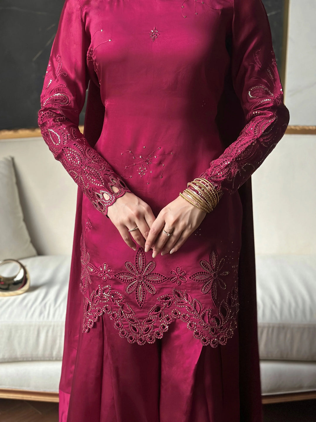 Scherezade Women RTW Embroidered Sheesha Silk 3 Piece Suit BERRY - Festive Collection