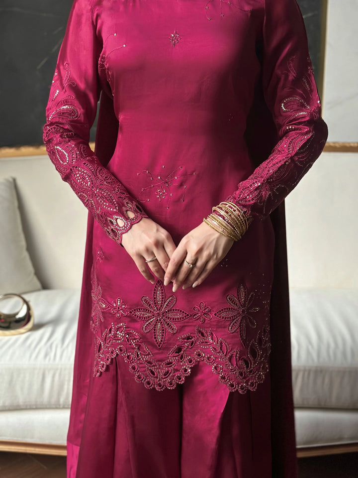 Scherezade Women RTW Embroidered Sheesha Silk 3 Piece Suit BERRY - Festive Collection