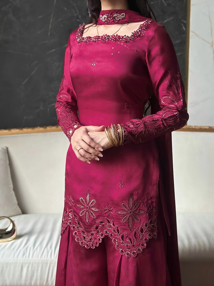 Scherezade Women RTW Embroidered Sheesha Silk 3 Piece Suit BERRY - Festive Collection