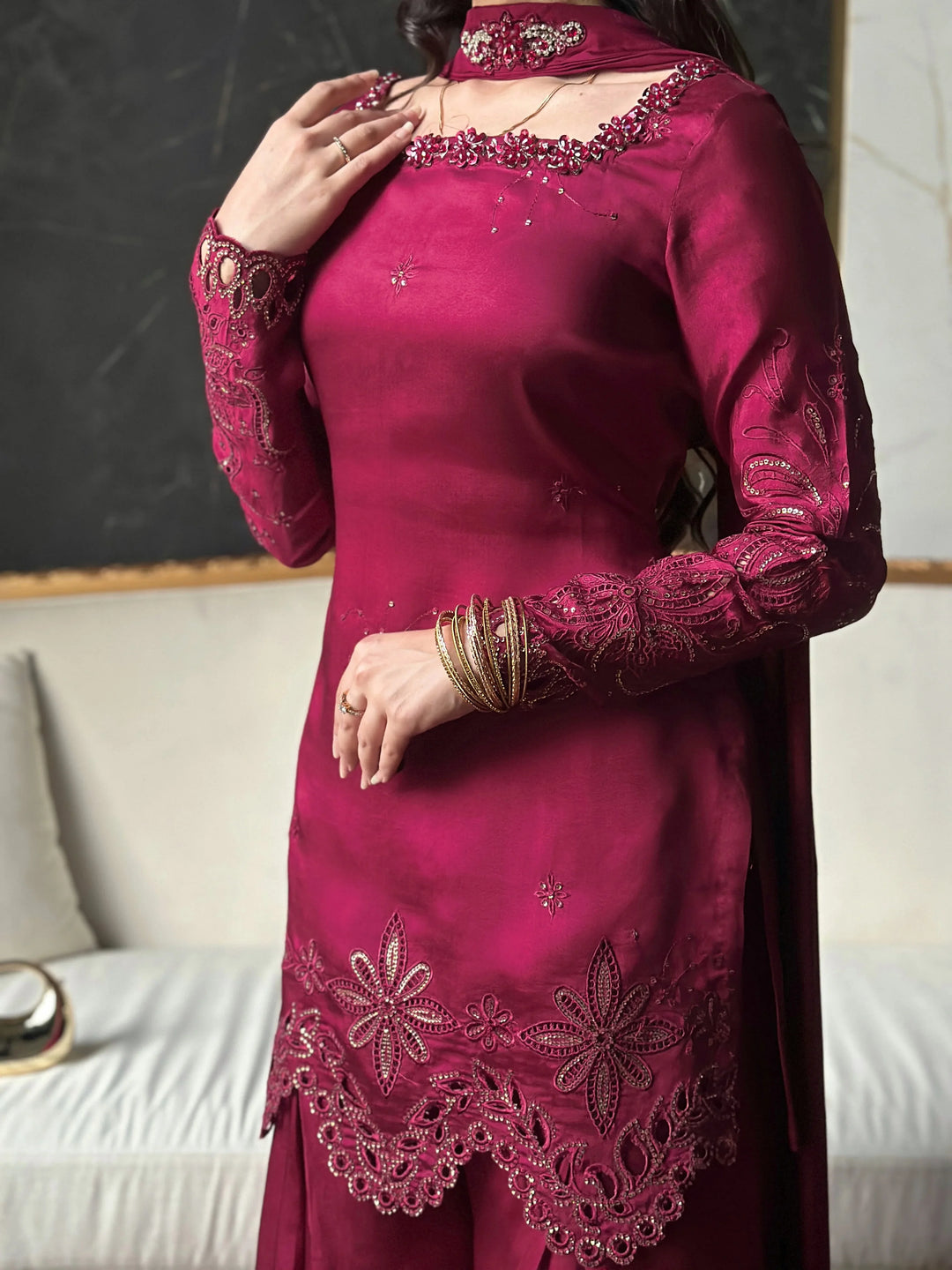 Scherezade Women RTW Embroidered Sheesha Silk 3 Piece Suit BERRY - Festive Collection